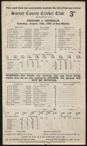 Surrey CCC - 'Don Bradman's Last Test Official Scorecard Signed by Len Hutton' (1948)