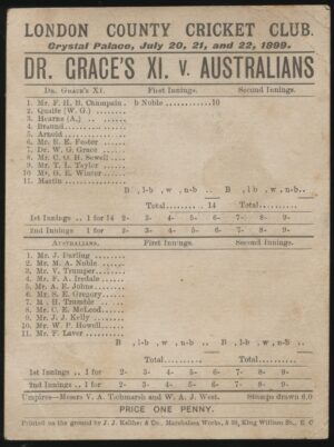 London CCC - 'Dr W G Grace's XI v Australians ft Victor Trumper' (1899) - Cricket Scorecard