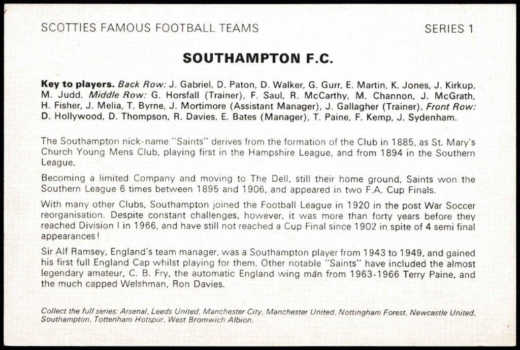 Bowater Scott - 'Famous Football Teams' - (1969) - Southampton FC Bowater Scott - 'Famous Football Teams' - (1969) - Southampton FC