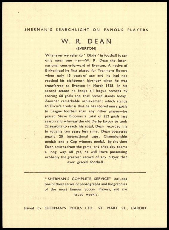 Sherman's Pools - 'Searchlight on Famous Players' (1937) - Dixie Dean (Everton) Sherman's Pools - 'Searchlight on Famous Players' (1937) - Dixie Dean (Everton)