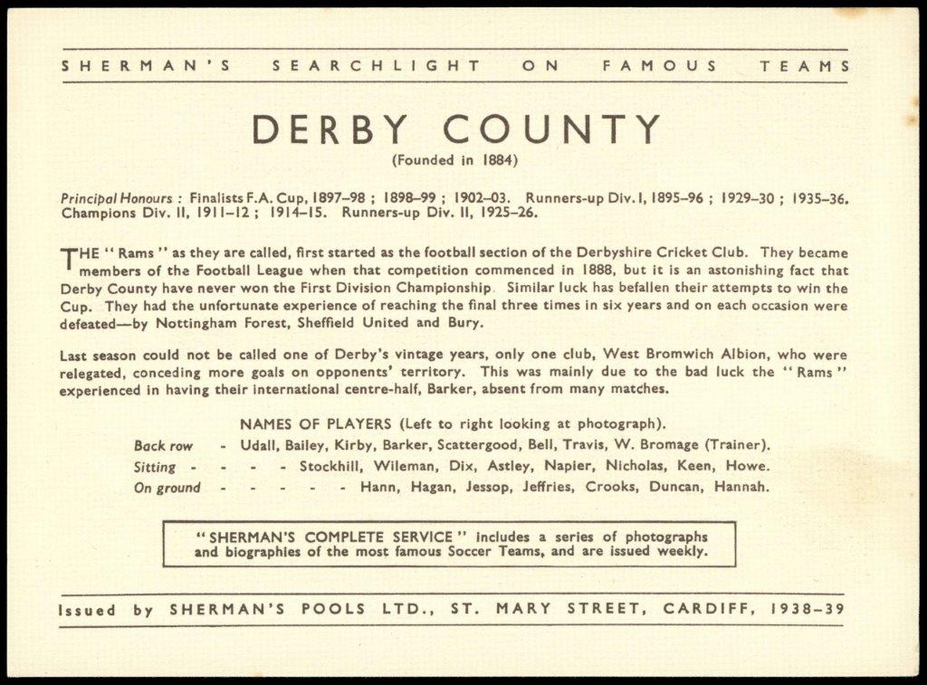 Sherman's Pools - 'Searchlight on Famous Teams' (1938) - Derby County FC Sherman's Pools - 'Searchlight on Famous Teams' (1938) - Derby County FC