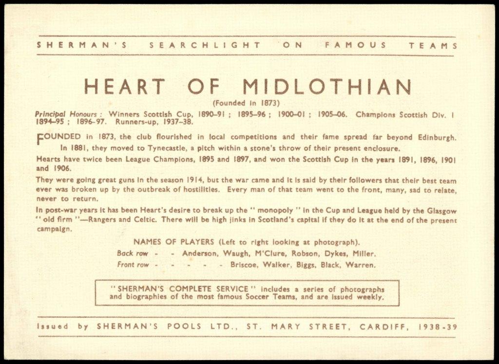 Sherman's Pools - 'Searchlight on Famous Teams' (1938) - Hearts - Div I runners Up 1937-38 Sherman's Pools - 'Searchlight on Famous Teams' (1938) - Hearts - Div I runners Up 1937-38