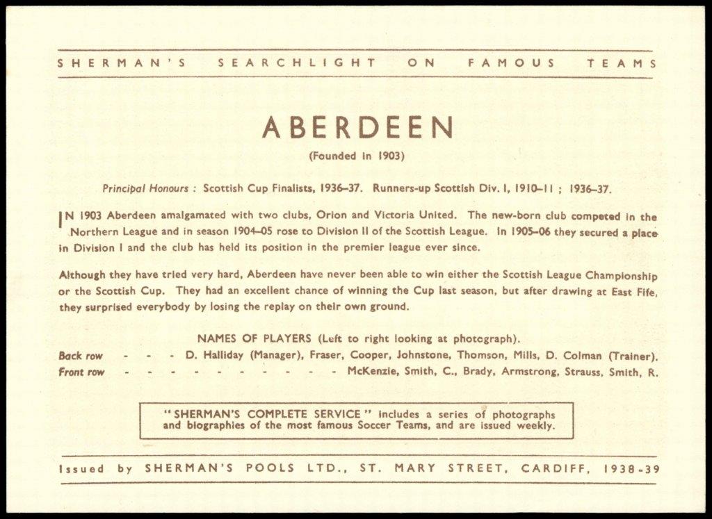 Sherman's Pools - 'Searchlight on Famous Teams' (1938) - Aberdeen FC Sherman's Pools - 'Searchlight on Famous Teams' (1938) - Aberdeen FC