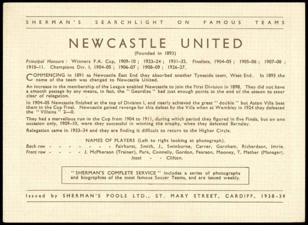 Sherman's Pools - 'Searchlight on Famous Teams' (1938) - Newcastle United FC Sherman's Pools - 'Searchlight on Famous Teams' (1938) - Newcastle United FC