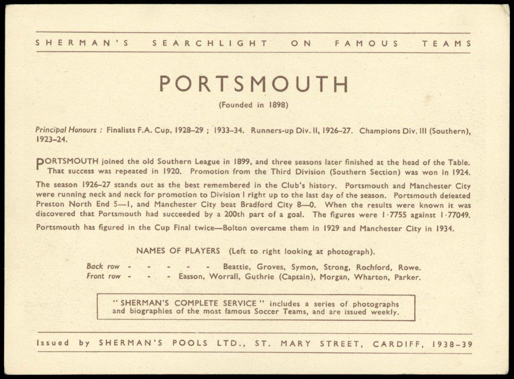 Sherman's Pools - 'Searchlight on Famous Teams' (1938) - Portsmouth FC Sherman's Pools - 'Searchlight on Famous Teams' (1938) - Portsmouth FC