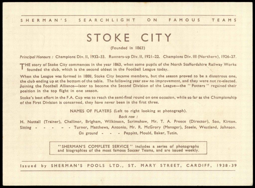 Sherman's Pools - 'Searchlight on Famous Teams' (1938) - Stoke City FC Sherman's Pools - 'Searchlight on Famous Teams' (1938) - Stoke City FC