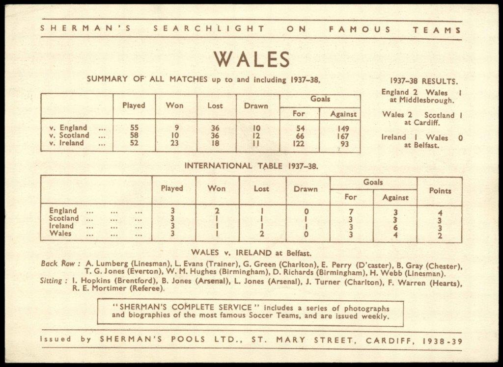 Sherman's Pools - 'Searchlight on Famous Teams' (1938) - Wales v Ireland - Belfasst 1937-38 Sherman's Pools - 'Searchlight on Famous Teams' (1938) - Wales v Ireland - Belfasst 1937-38
