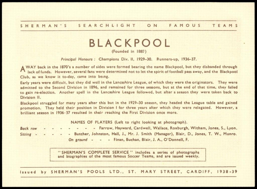 Sherman's Pools - 'Searchlight on Famous Teams' (1938) - Blackpool FC Sherman's Pools - 'Searchlight on Famous Teams' (1938) - Blackpool FC