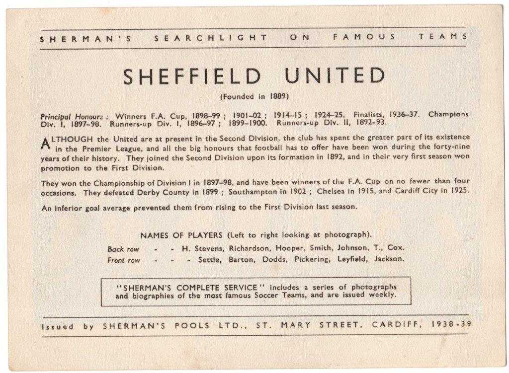 Sherman's Pools - 'Searchlight on Famous Teams' (1938) - Sheffield United FC Sherman's Pools - 'Searchlight on Famous Teams' (1938) - Sheffield United FC