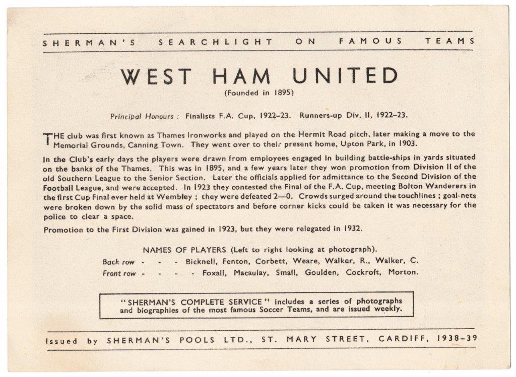 Sherman's Pools - 'Searchlight on Famous Teams' (1938) - Card #37 - West Ham United Sherman's Pools - 'Searchlight on Famous Teams' (1938) - Card #37 - West Ham United