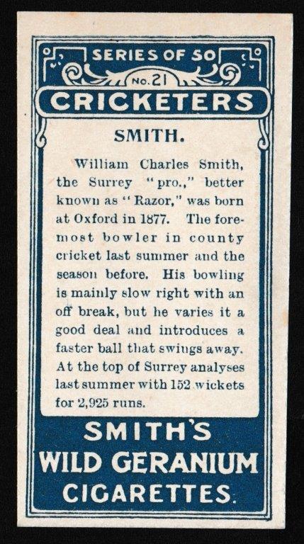 Smith's - 'Cricketers' (1912) - W. C. Smith (Surrey) Smith's - 'Cricketers' (1912) - W. C. Smith (Surrey)