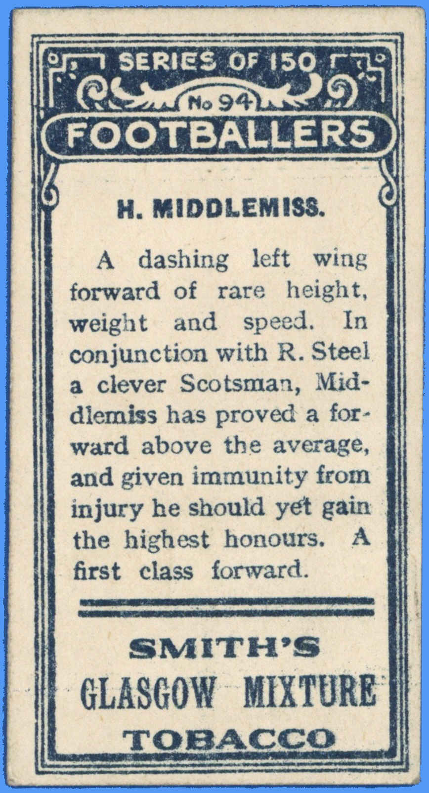 Smith's - 'Footballers' (1914) - H. Middlemiss (Tottenham Hotspur) Smith's - 'Footballers' (1914) - H. Middlemiss (Tottenham Hotspur)