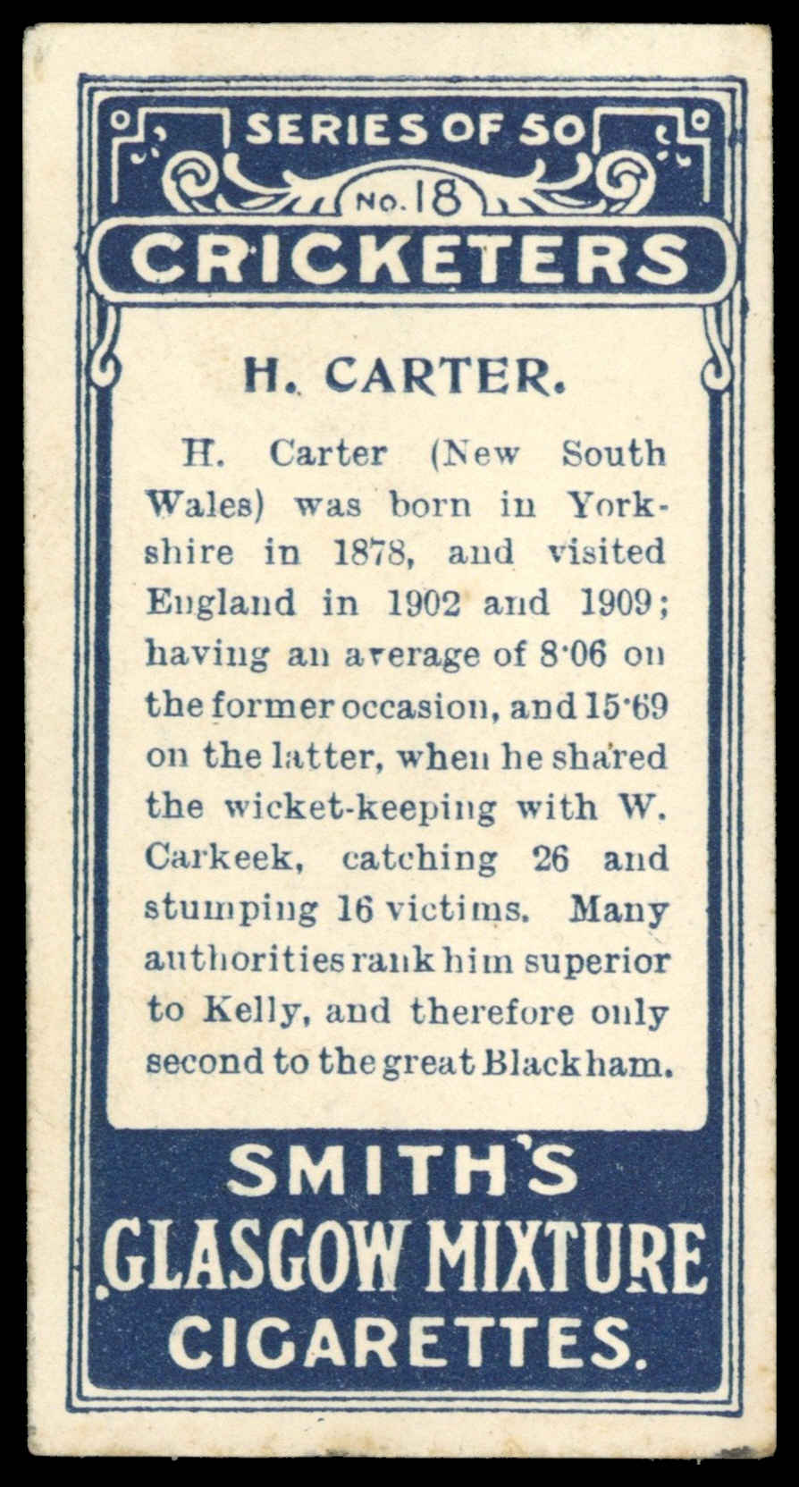 Smith's - 'Cricketers' - H. Carter (New South Wales) (1912) Smith's - 'Cricketers' - H. Carter (New South Wales) (1912)