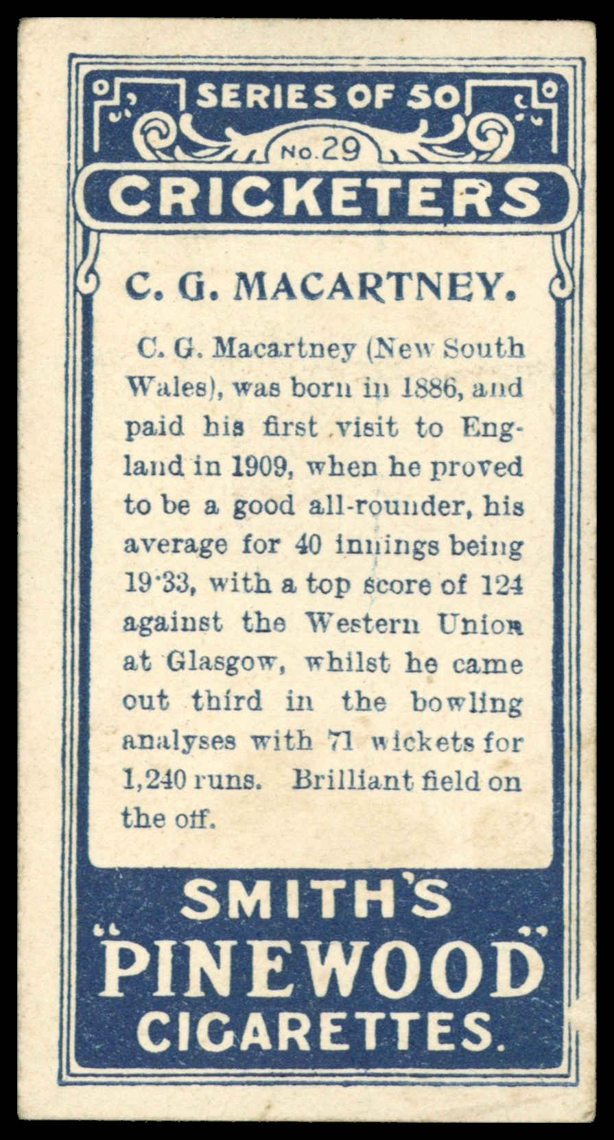 Smith's - 'Cricketers' - C.G. Macartney (New South Wales) (1912) Smith's - 'Cricketers' - C.G. Macartney (New South Wales) (1912)