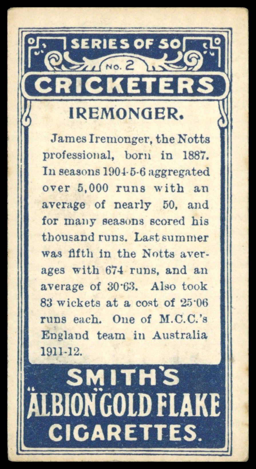 Smith's - 'Cricketers' - Iremonger (Notts) (1912) Smith's - 'Cricketers' - Iremonger (Notts) (1912)