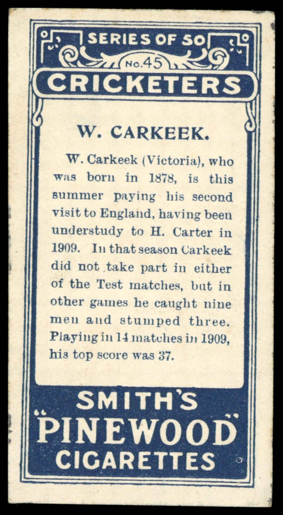 Smith's - 'Cricketers' - Carkeek (Victoria) (1912) Smith's - 'Cricketers' - Carkeek (Victoria) (1912)