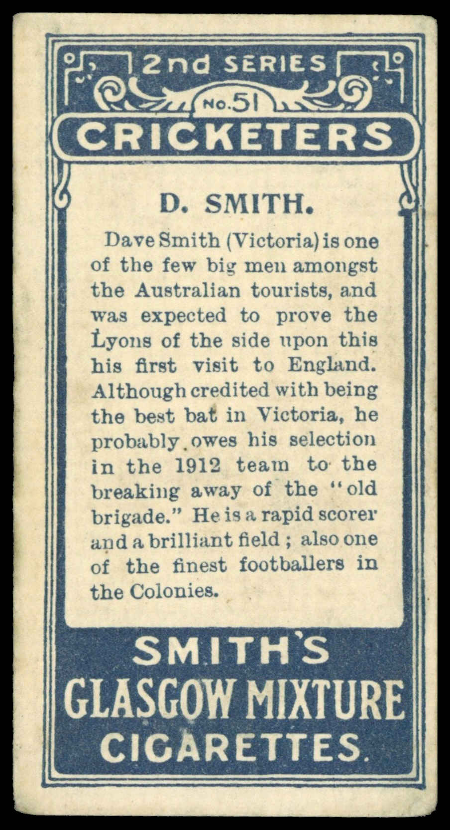 Smith's - 'Cricketers' - D. Smith (Victoria) (1912) Smith's - 'Cricketers' - D. Smith (Victoria) (1912)
