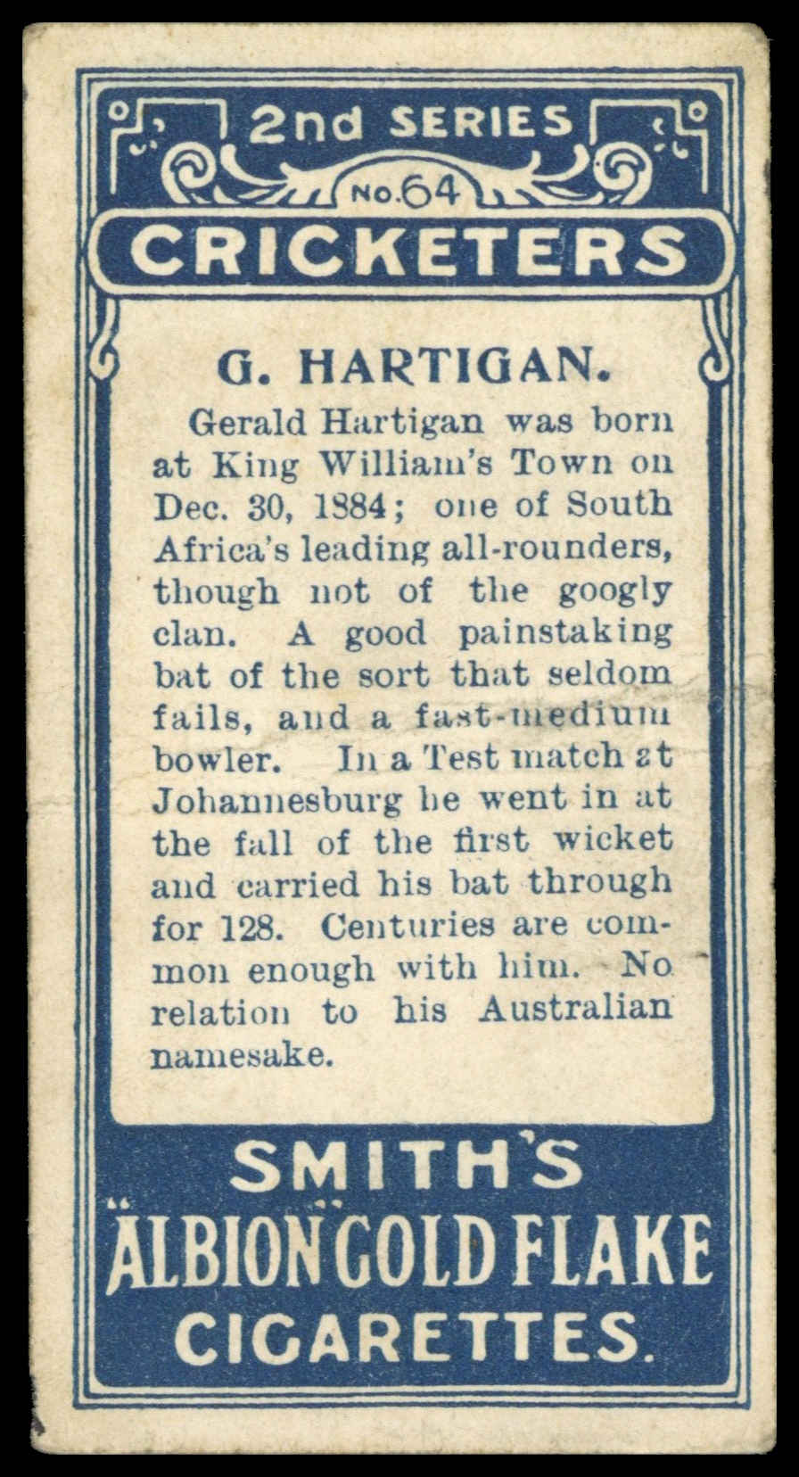 Smith's - 'Cricketers' - G. Hartigan (South Africa) (1912) Smith's - 'Cricketers' - G. Hartigan (South Africa) (1912)