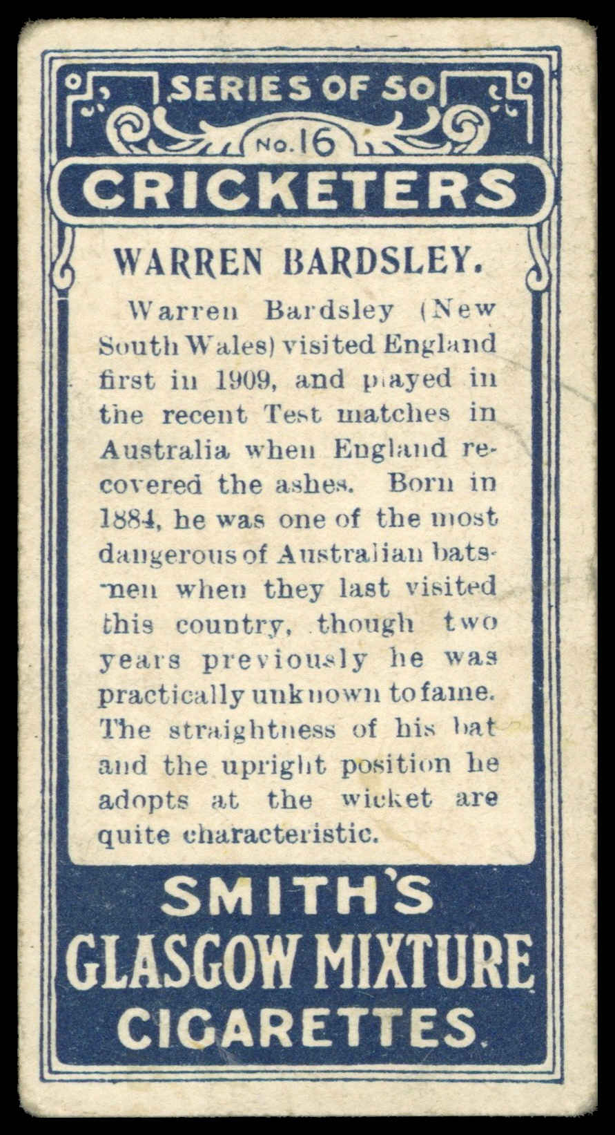 Smith's - 'Cricketers' (1912) - Warren Bardsley (New South Wales) Smith's - 'Cricketers' (1912) - Warren Bardsley (New South Wales)