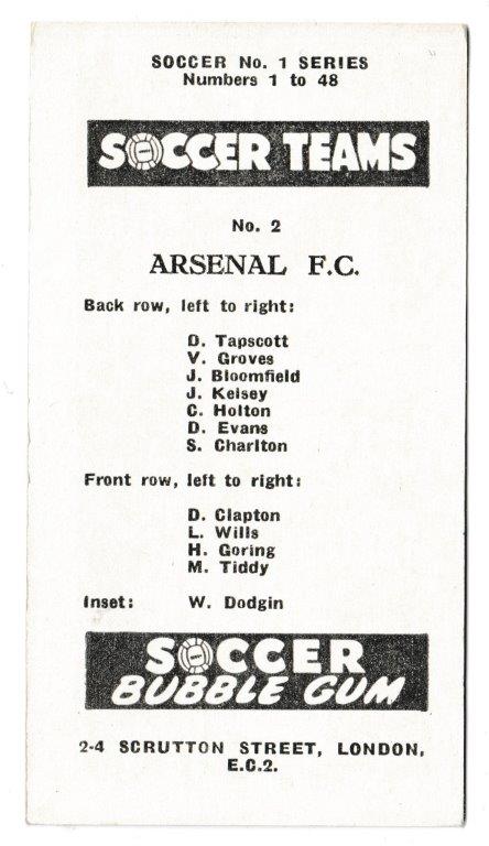 Soccer Bubble Gum - 'Soccer Teams Series 1' (1957) - Card #2 - Arsenal Soccer Bubble Gum - 'Soccer Teams Series 1' (1957) - Card #2 - Arsenal