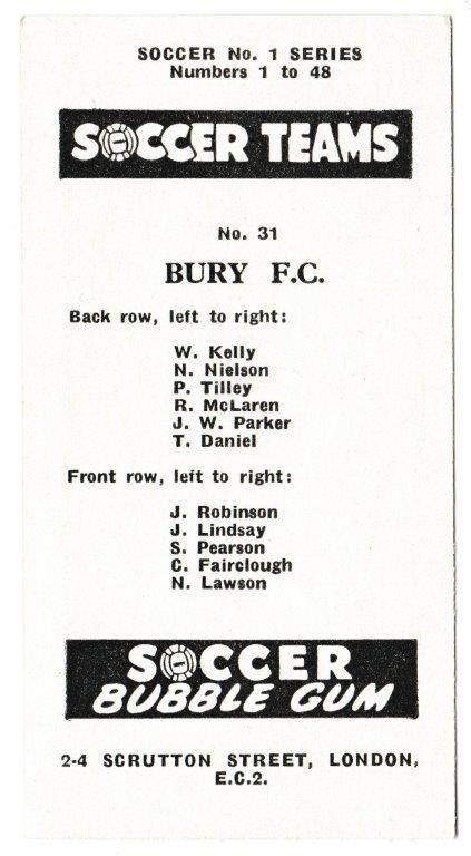 Soccer Bubble Gum - 'Soccer Teams Series 1' (1957) - Card #31 - Bury F.C. Soccer Bubble Gum - 'Soccer Teams Series 1' (1957) - Card #31 - Bury F.C.