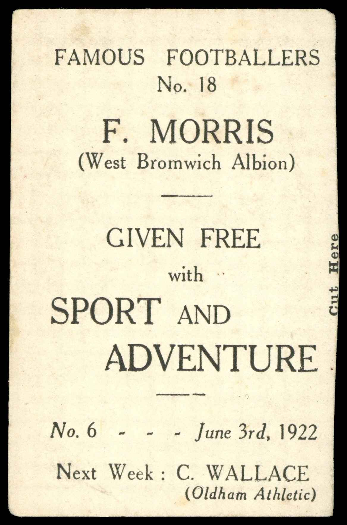 Sport & Adventure - F. Morris (West Brom) - 'Famous Footballers' (1922) #18 Sport & Adventure - F. Morris (West Brom) - 'Famous Footballers' (1922) #18