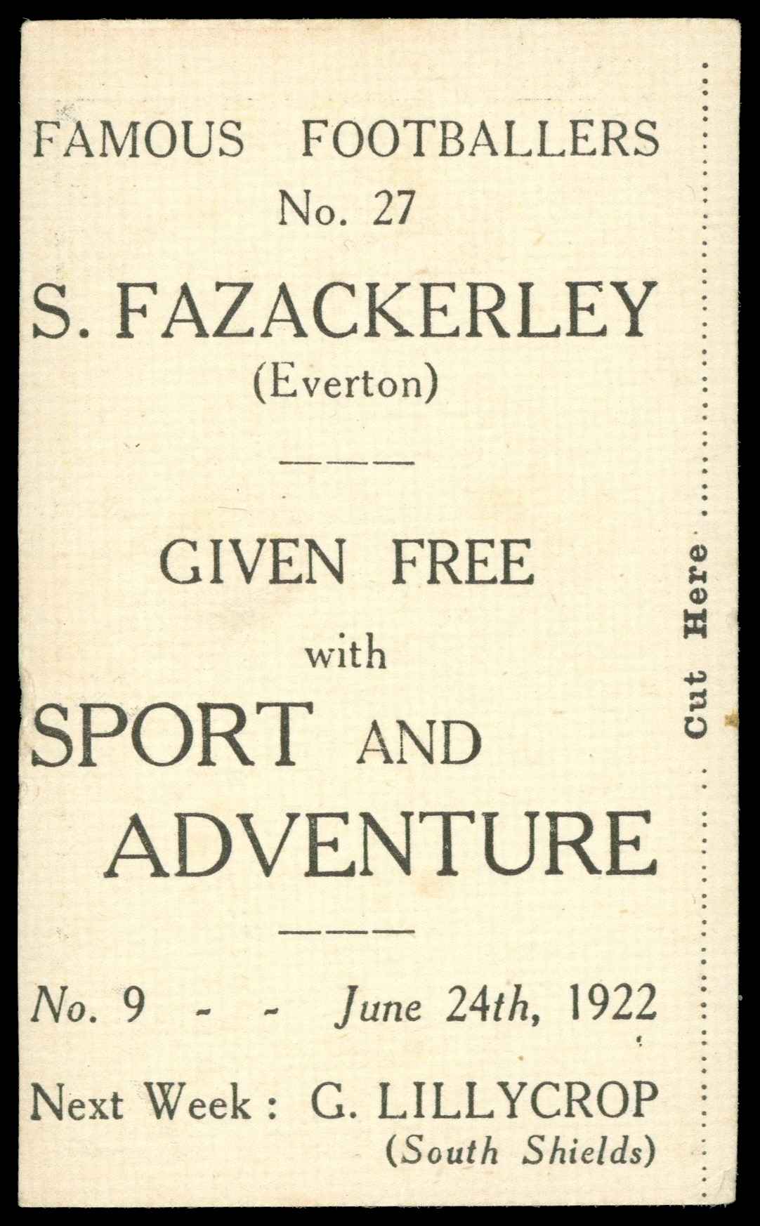 Sport & Adventure - S. Fazackerley (Everton) - 'Famous Footballers' (1922) #27 Sport & Adventure - S. Fazackerley (Everton) - 'Famous Footballers' (1922) #27
