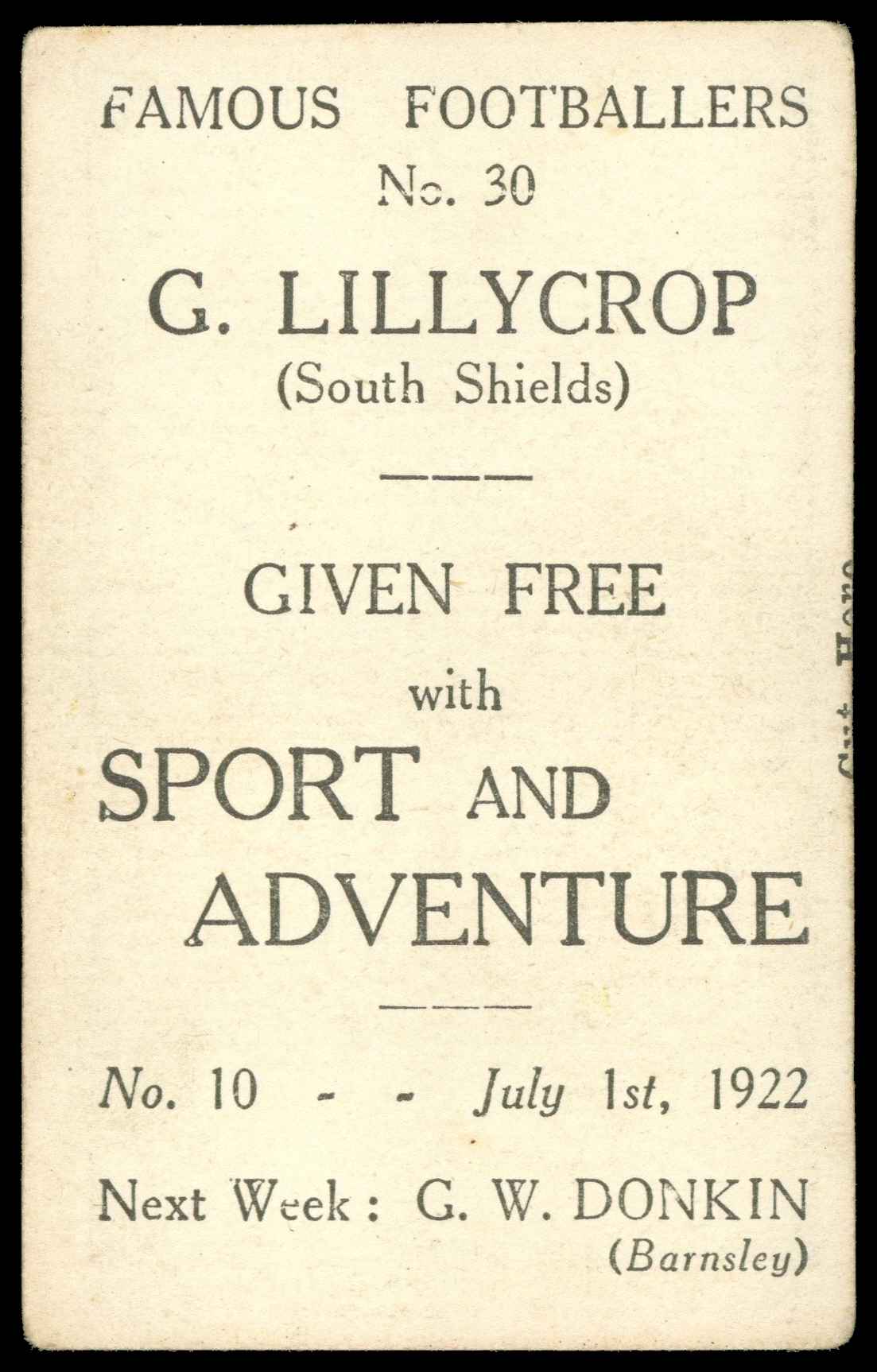 Sport & Adventure - G. Lillycrop (South Shields) - 'Famous Footballers' (1922) #30 Sport & Adventure - G. Lillycrop (South Shields) - 'Famous Footballers' (1922) #30