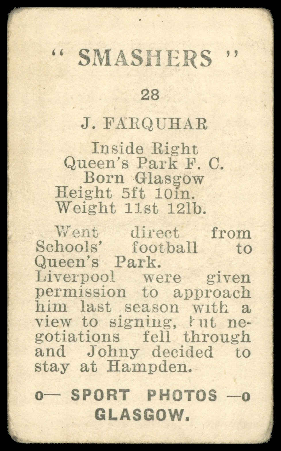 M.M. Frame - 'Smashers' (1950) - J. Farquhar (Queen's Park) M.M. Frame - 'Smashers' (1950) - J. Farquhar (Queen's Park)