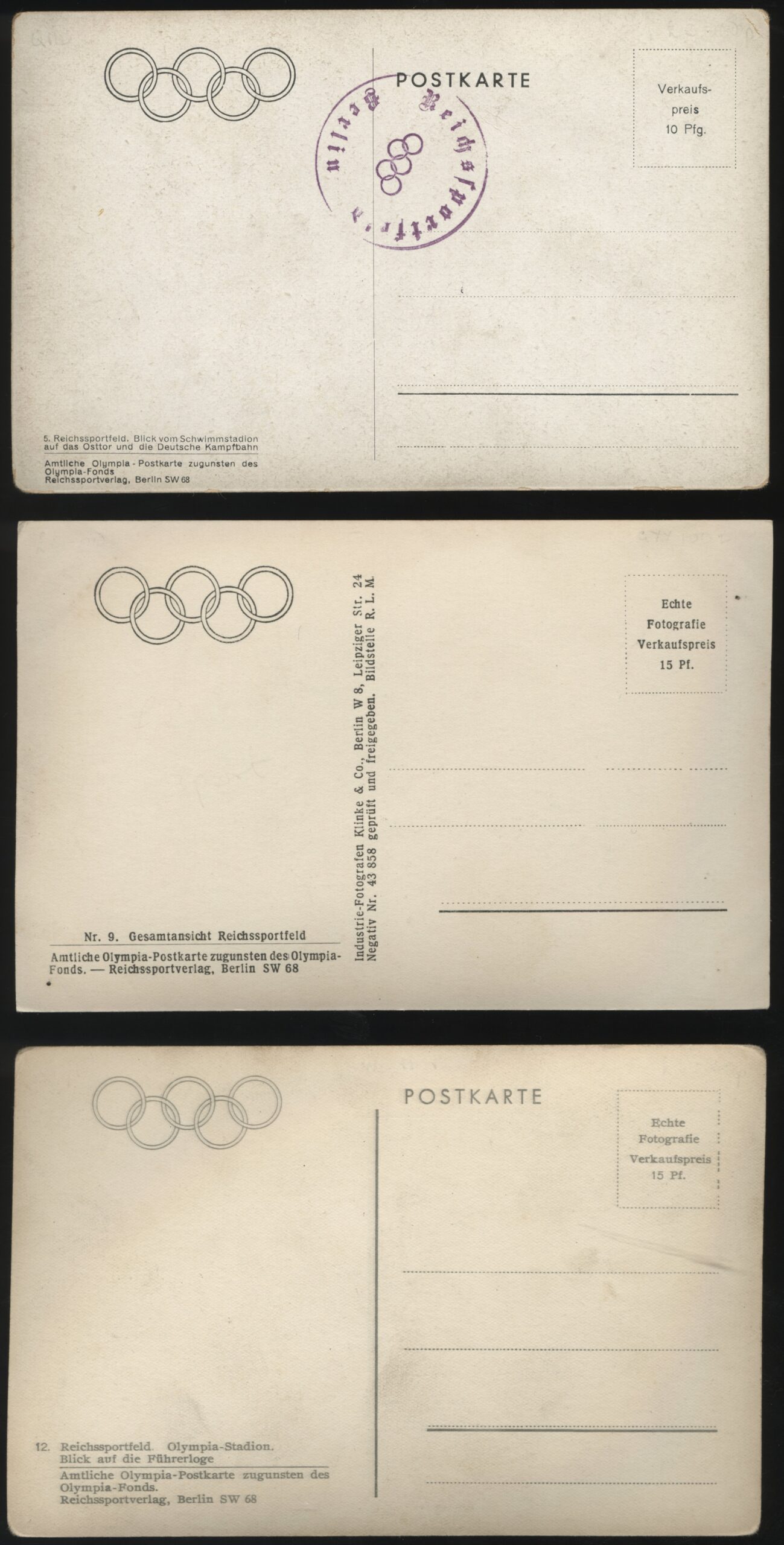 Berlin Olympics - 'Reich Sports Field / Stadium' (1936) - 3 Postcard Set Berlin Olympics - 'Reich Sports Field / Stadium' (1936) - 3 Postcard Set