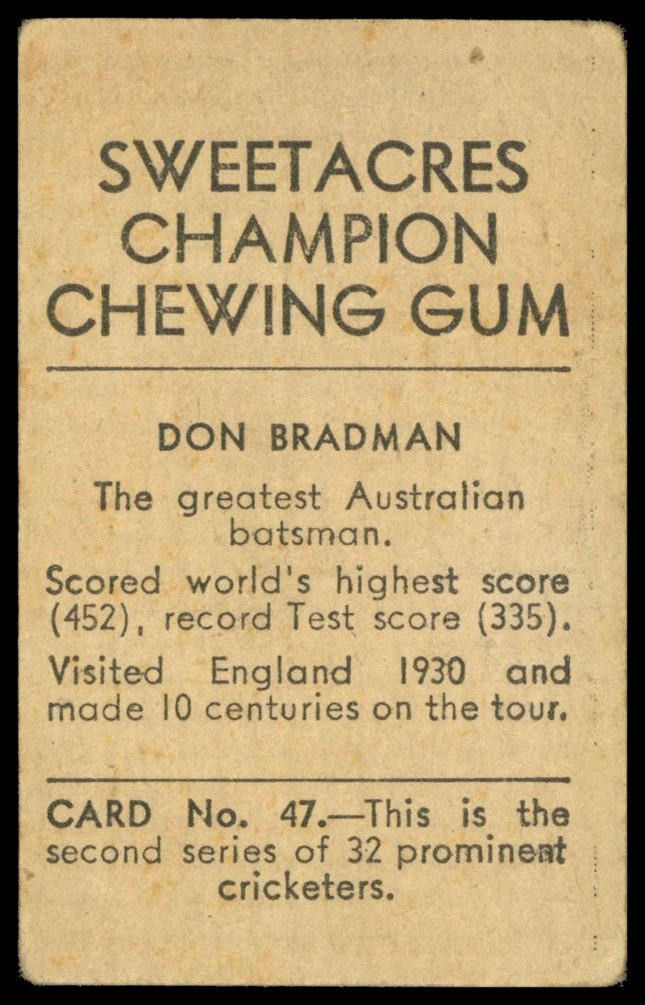 Sweetacres - 'Prominent Cricketers' (1932) - Don Bradman (South Australia) Sweetacres - 'Prominent Cricketers' (1932) - Don Bradman (South Australia)