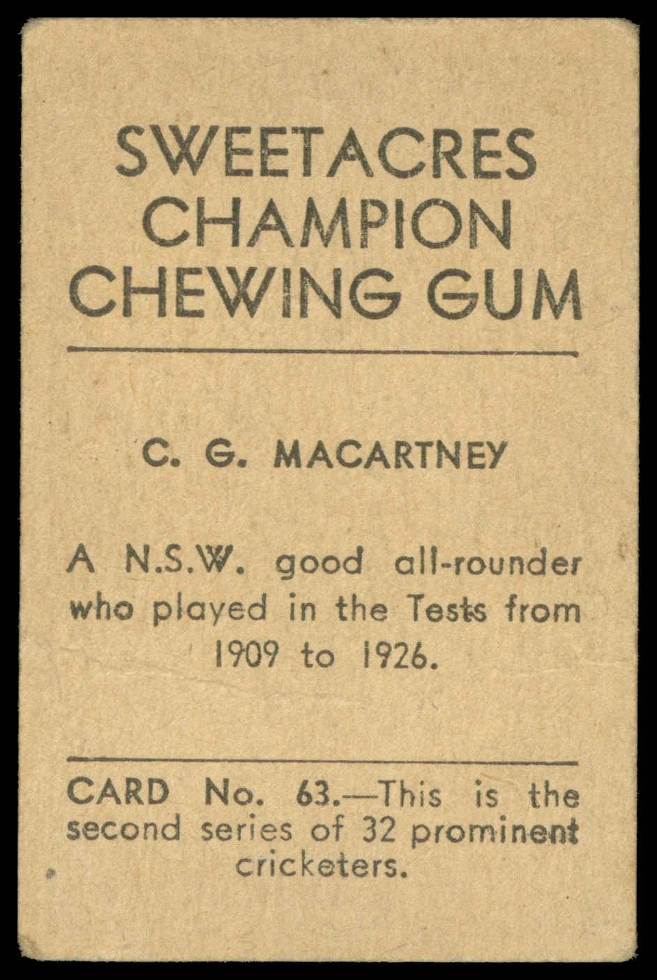 Sweetacres - 'Prominent Cricketers' (1932) - C.G. Macartney (New South Wales) Sweetacres - 'Prominent Cricketers' (1932) - C.G. Macartney (New South Wales)