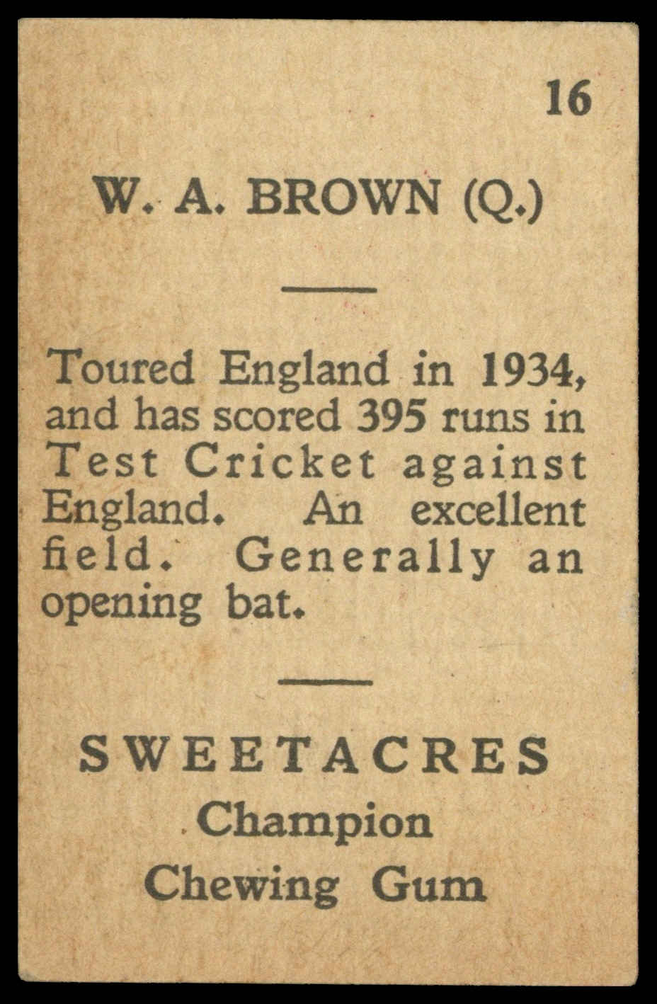 Sweetacres - 'Cricketers (Caricatures)' (1938) - #16 - W.A. Brown (Queensland) Sweetacres - 'Cricketers (Caricatures)' (1938) - #16 - W.A. Brown (Queensland)