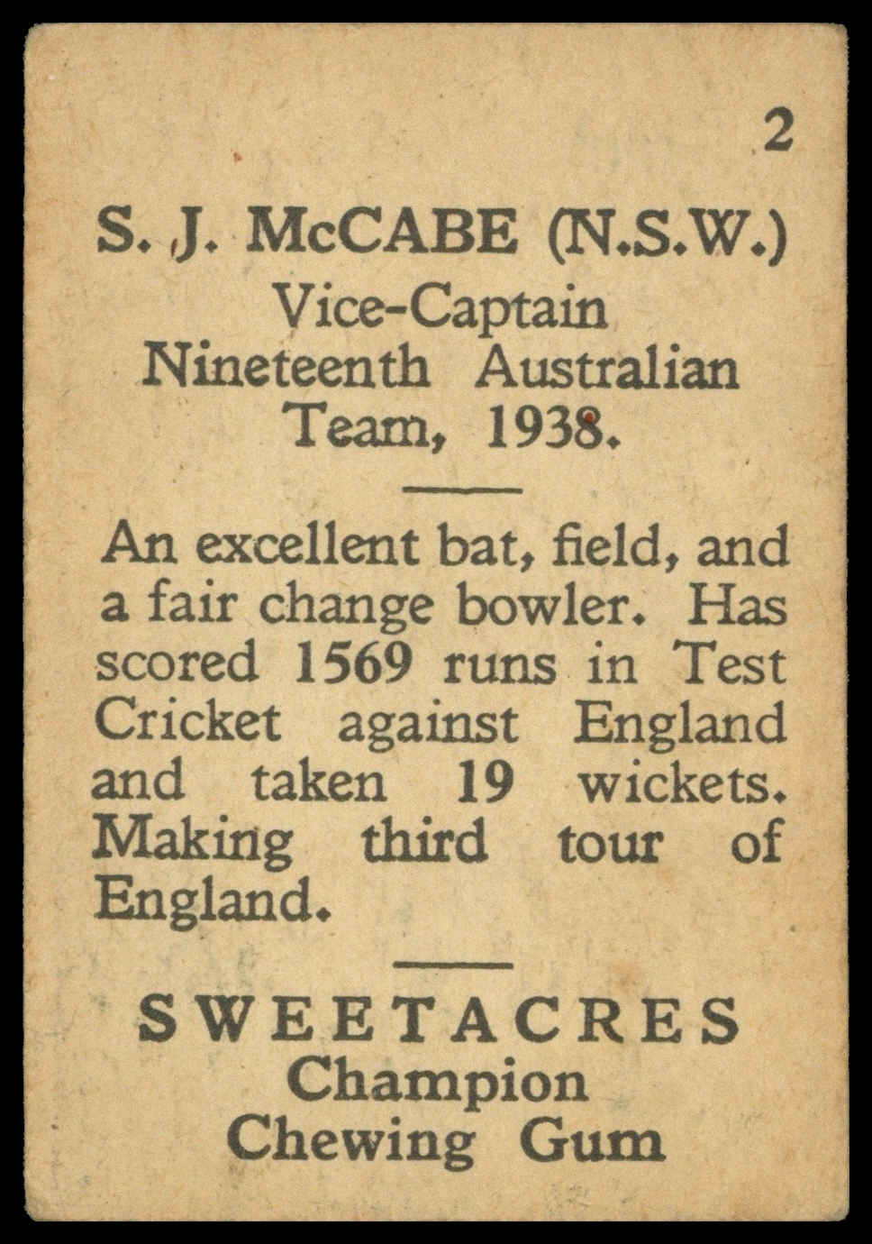 Sweetacres - 'Cricketers (Caricatures)' (1938) - #2 - S.J. McCabe (New South Wales) Sweetacres - 'Cricketers (Caricatures)' (1938) - #2 - S.J. McCabe (New South Wales)