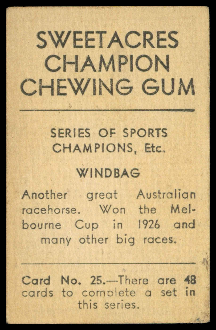 Sweetacres - 'Sports Champions Etc' (c1930) - Windbag (Horseracing - Australia) Sweetacres - 'Sports Champions Etc' (c1930) - Windbag (Horseracing - Australia)