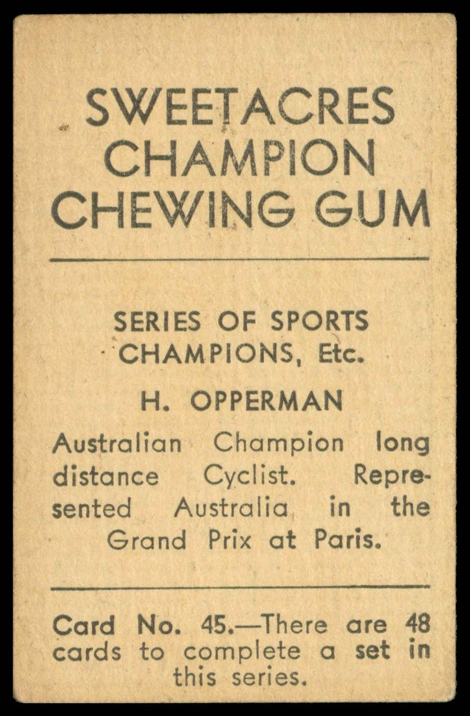Sweetacres - 'Sports Champions Etc' (c1930) - H, Opperman (Cycling - Australia) Sweetacres - 'Sports Champions Etc' (c1930) - H, Opperman (Cycling - Australia)