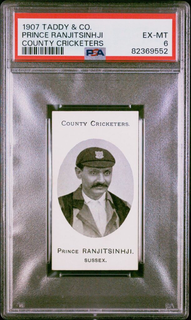 1907 Taddy and Co County Cricketers tobacco card of Prince Ranjitsinhji Sussex, PSA 6 EX-MT, showing front portrait in Sussex cap and reverse with Grapnel Mixture pipe tobacco advertisement, certification number 82369552