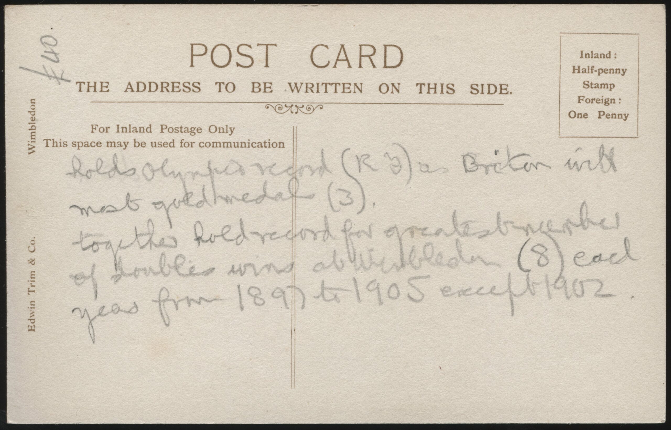E Trim & Co - 'Reginald & Laurence Doherty (GB) at Wimbledon' (c1902) - Unused Postcard E Trim & Co - 'Reginald & Laurence Doherty (GB) at Wimbledon' (c1902) - Unused Postcard