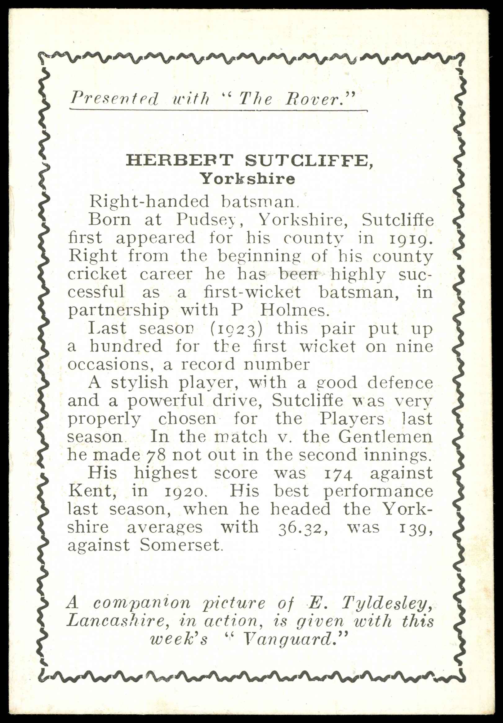 Thomson (D.C.) - 'Cricketers (Rover - EL)' (1924) - H. Sutcliffe (Yorkshire) Thomson (D.C.) - 'Cricketers (Rover - EL)' (1924) - H. Sutcliffe (Yorkshire)