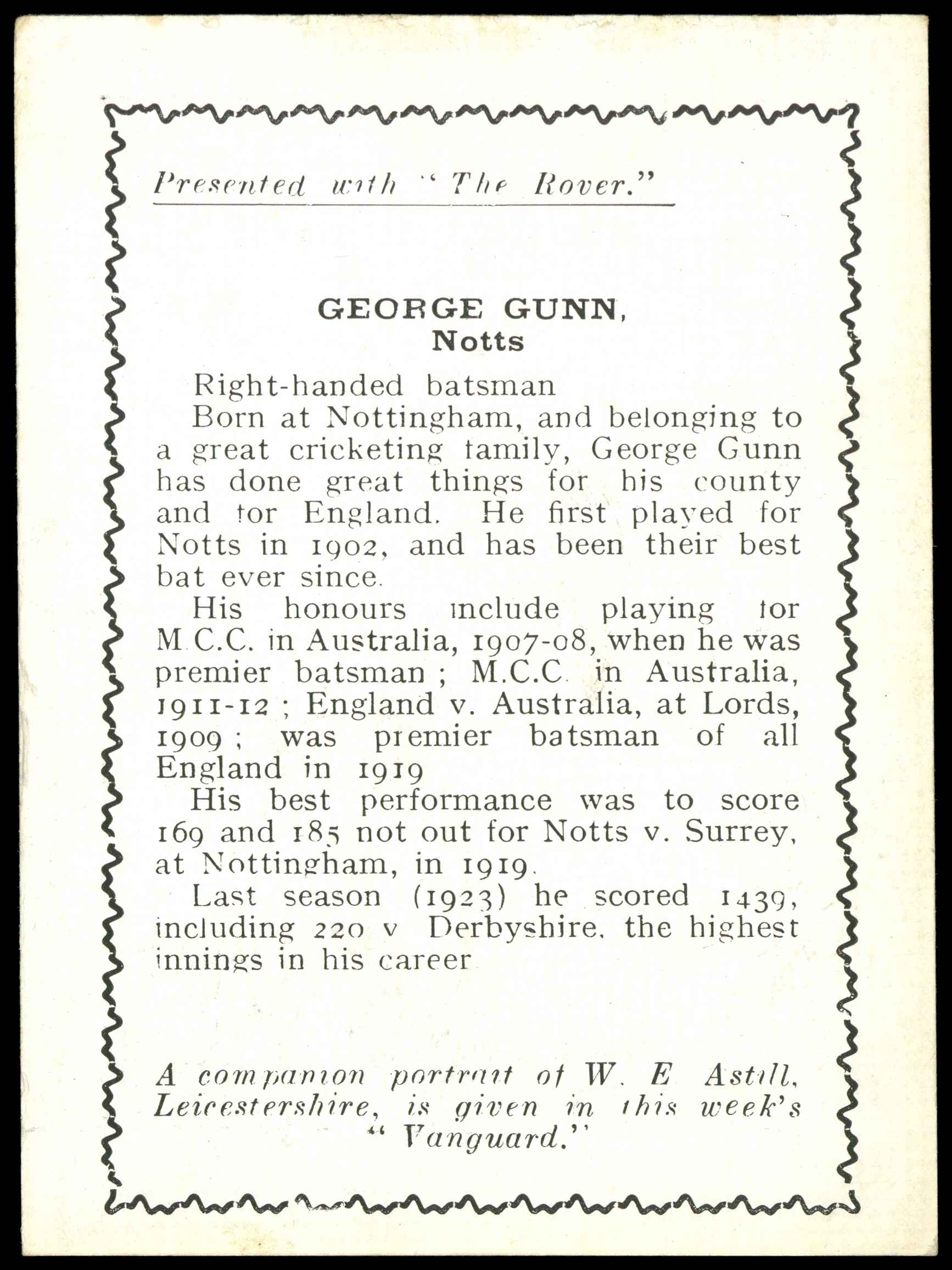 Thomson (D.C.) - 'Cricketers (Rover - EL)' (1924) - G. Gunn (Notts) Thomson (D.C.) - 'Cricketers (Rover - EL)' (1924) - G. Gunn (Notts)