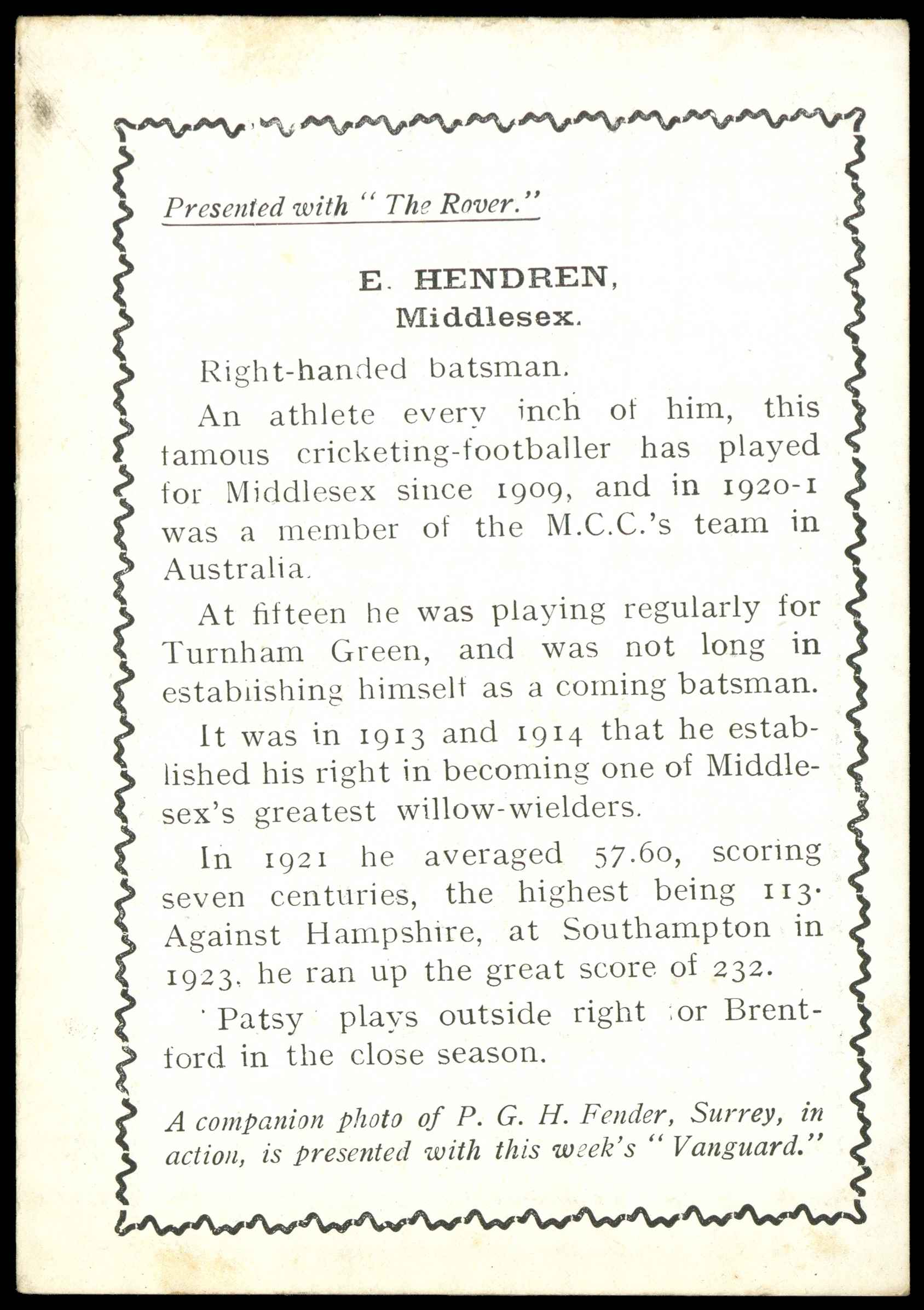 Thomson (D.C.) - 'Cricketers (Rover - EL)' (1924) - P. Hendren (Middlesex) Thomson (D.C.) - 'Cricketers (Rover - EL)' (1924) - P. Hendren (Middlesex)