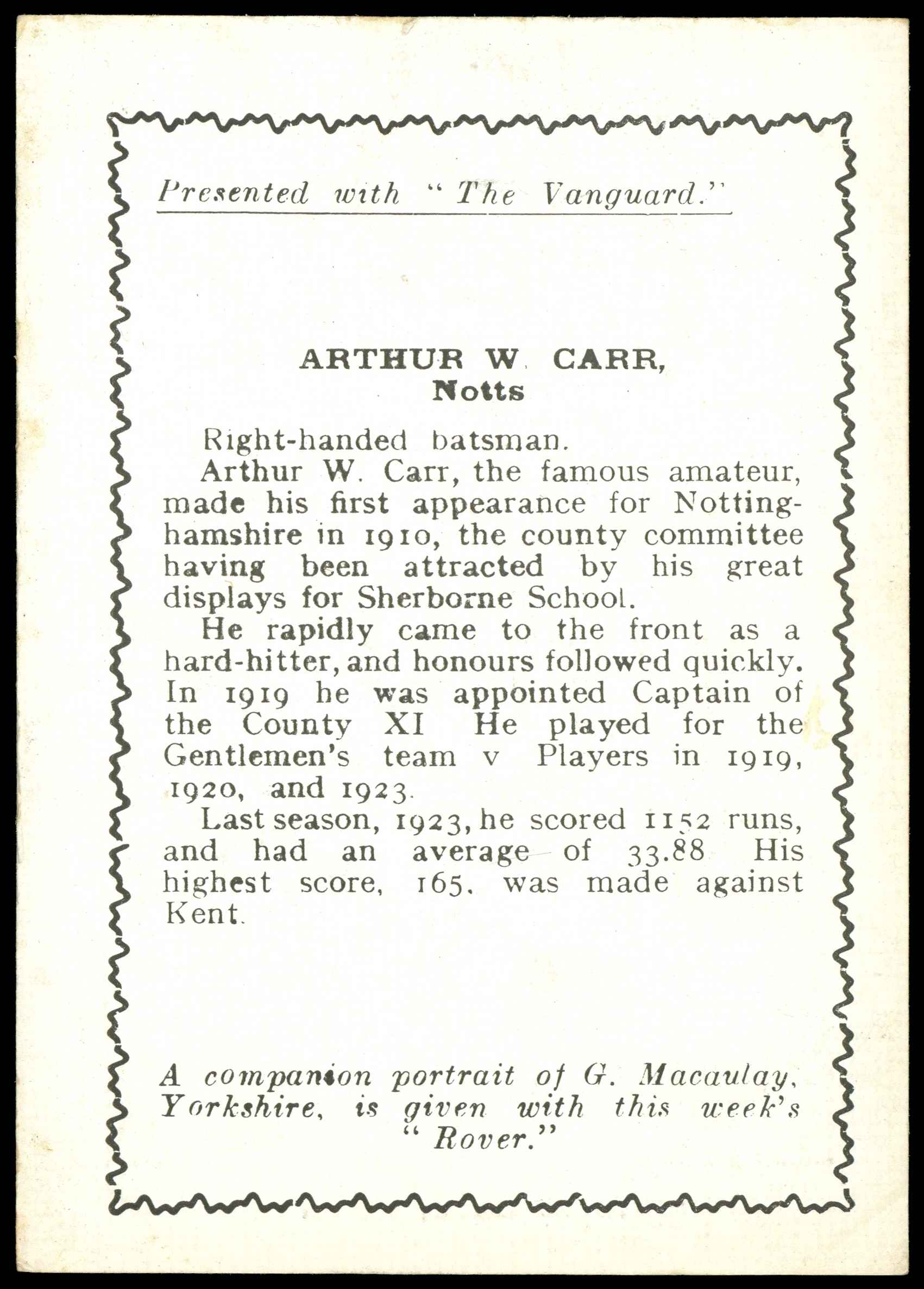 Thomson (D.C.) - 'Cricketers (Vanguard - EL)' (1924) - A.W. Carr (Notts) Thomson (D.C.) - 'Cricketers (Vanguard - EL)' (1924) - A.W. Carr (Notts)