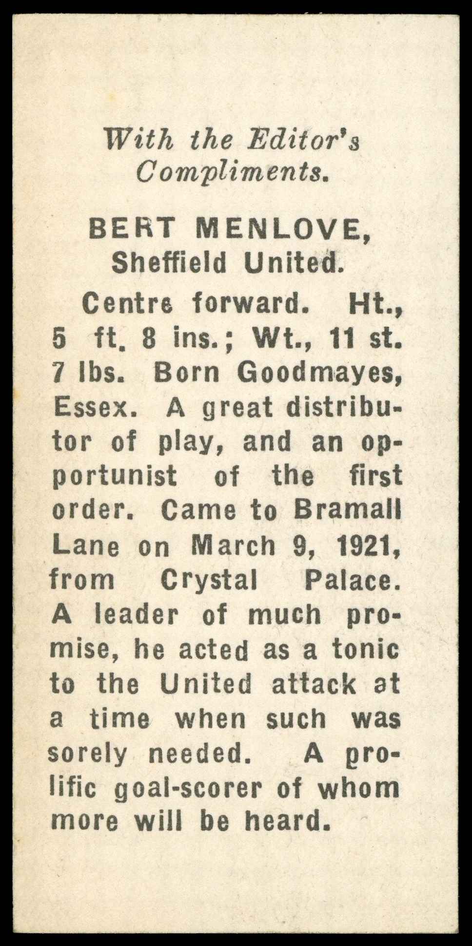 Thomson (D.C.) - 'Footballers 1922' (1922) - B. Menlove (Sheffield Utd) Thomson (D.C.) - 'Footballers 1922' (1922) - B. Menlove (Sheffield Utd)
