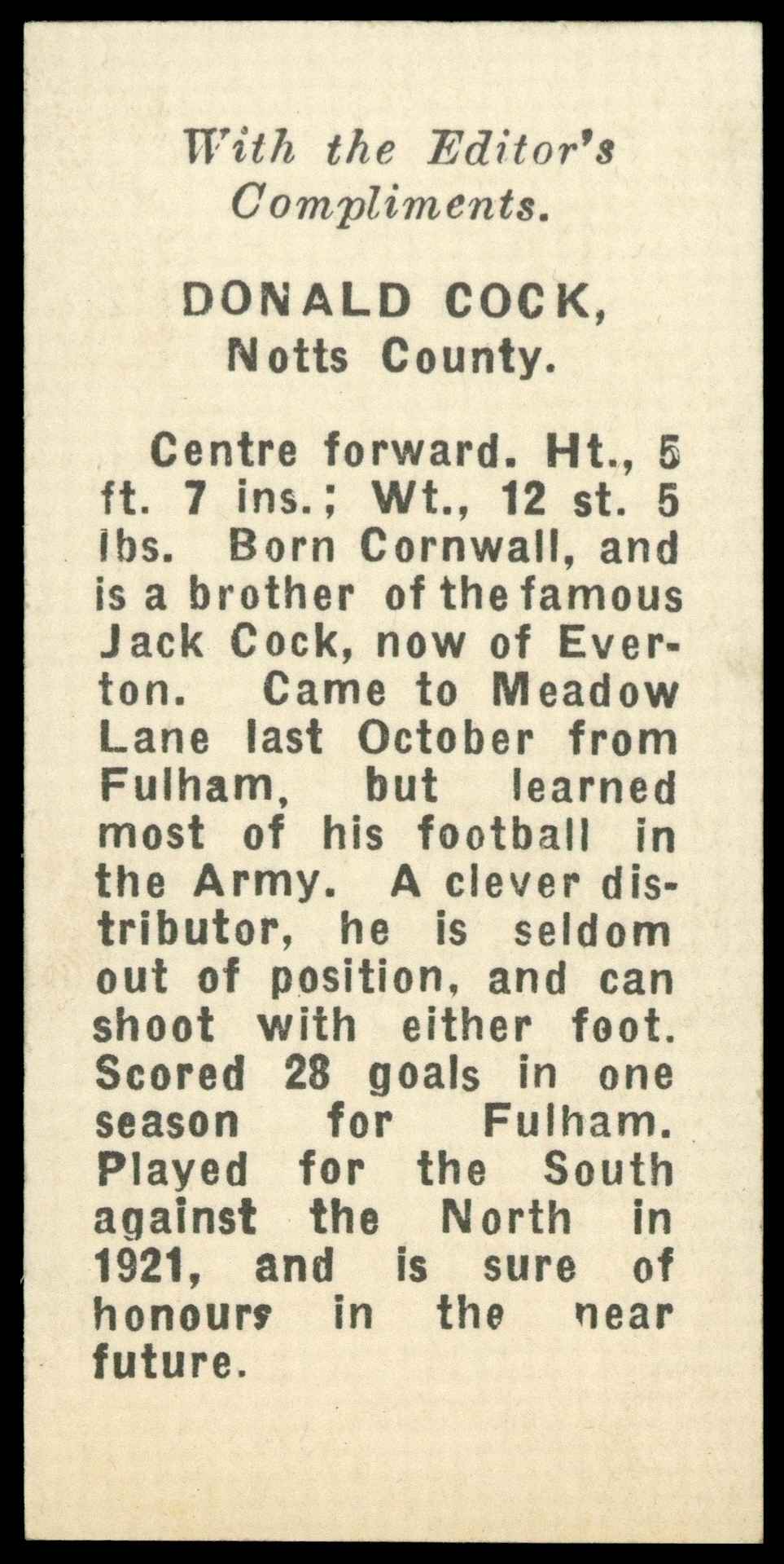 Thomson (D.C.) - 'Footballers 1922' (1922) - D. Cock (Notts County) Thomson (D.C.) - 'Footballers 1922' (1922) - D. Cock (Notts County)