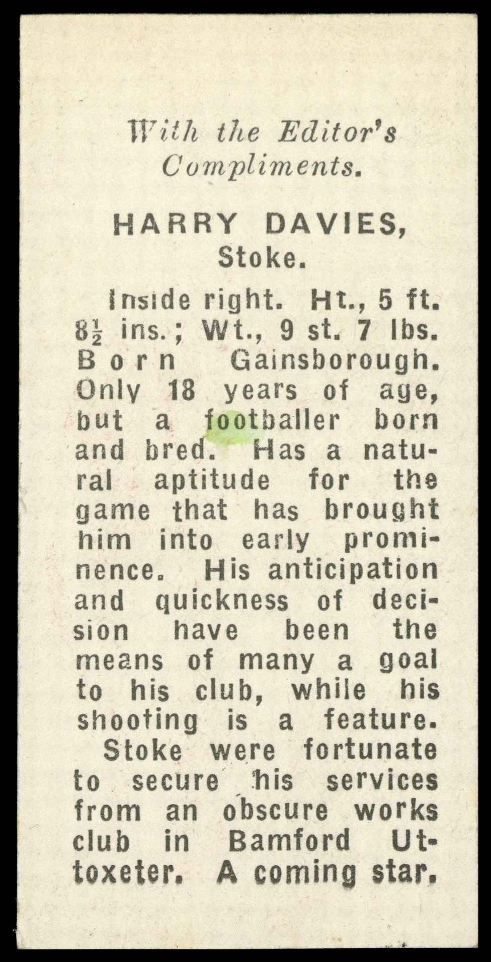 Thomson (D.C.) - 'Footballers 1922' (1922) - H. Davies (Stoke City) Thomson (D.C.) - 'Footballers 1922' (1922) - H. Davies (Stoke City)