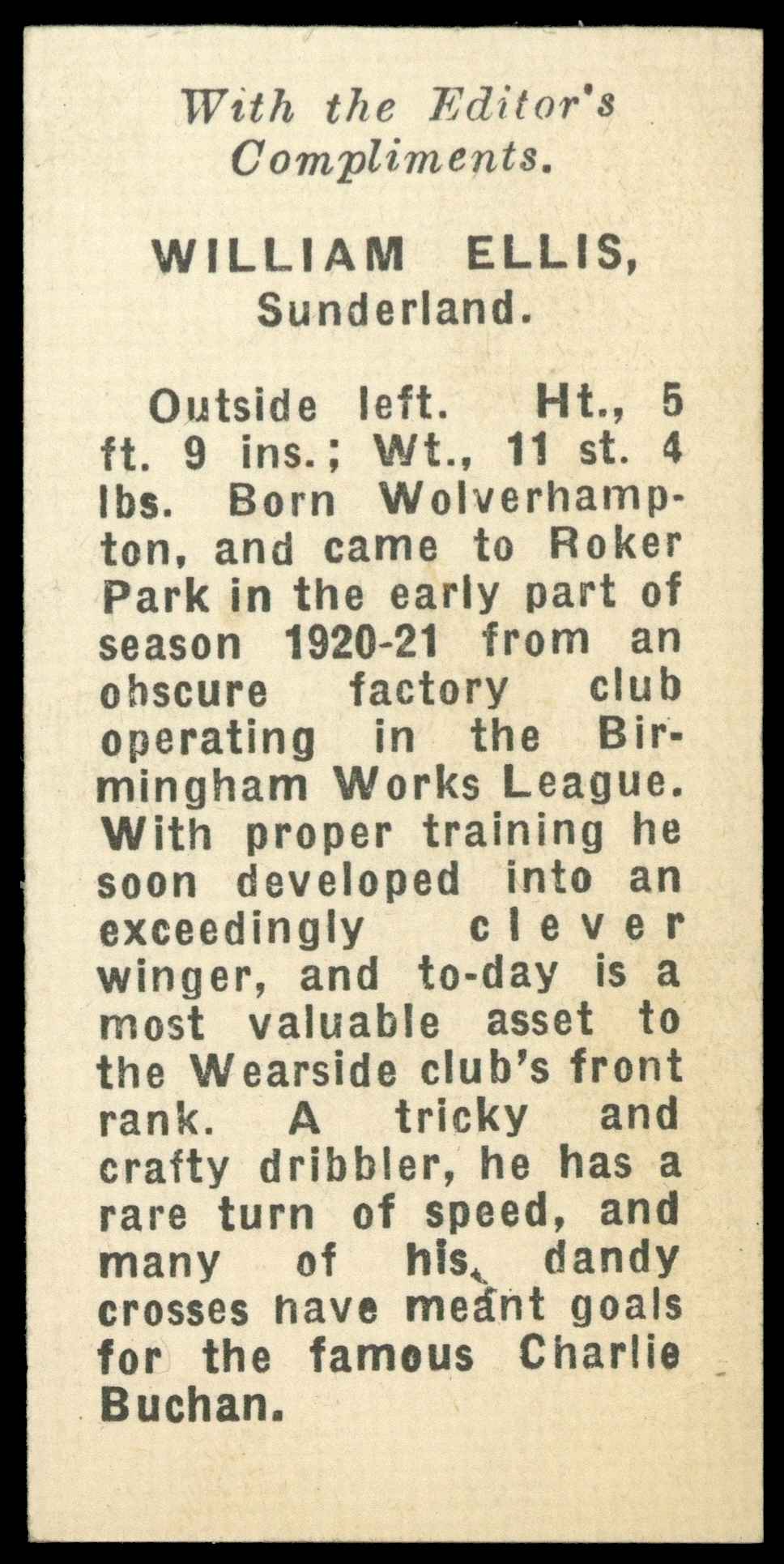 Thomson (D.C.) - 'Footballers 1922' (1922) - W. Ellis (Sunderland) Thomson (D.C.) - 'Footballers 1922' (1922) - W. Ellis (Sunderland)