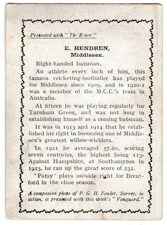 Thomson (D.C.) - 'Cricketers (Rover - EL)' (1924) - E. Hendren (Middlesex) Thomson (D.C.) - 'Cricketers (Rover - EL)' (1924) - E. Hendren (Middlesex)