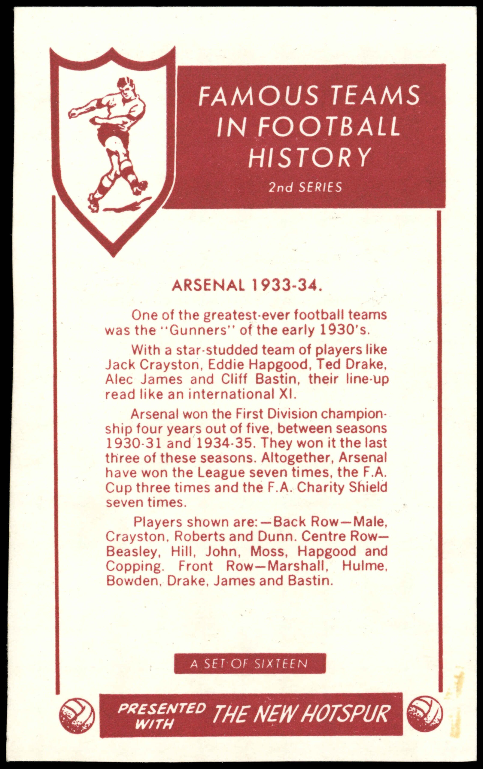 Thomson (D.C.) - 'Famous Teams in Football History S2' (1962) - Arsenal 1934-35 Thomson (D.C.) - 'Famous Teams in Football History S2' (1962) - Arsenal 1934-35