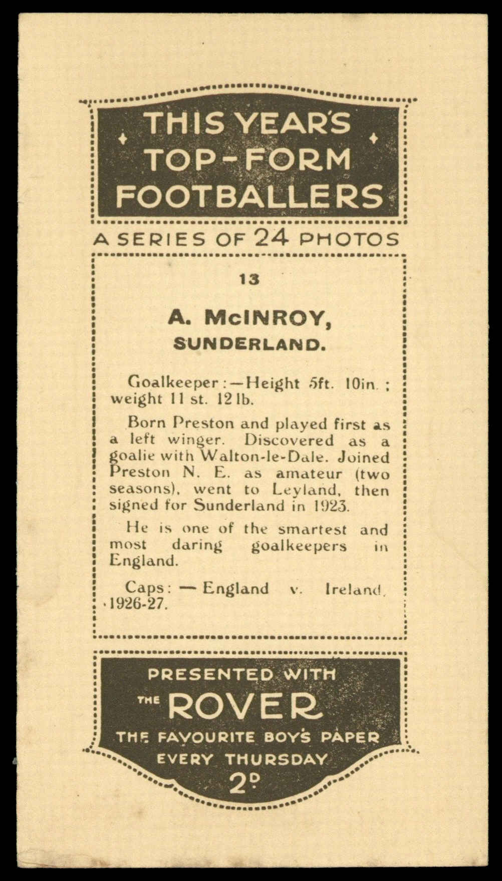 D.C. Thomson/Rover - 'This Years Top-Form Footballers' (1927) - A. McInroy (Sunderland) D.C. Thomson/Rover - 'This Years Top-Form Footballers' (1927) - A. McInroy (Sunderland)