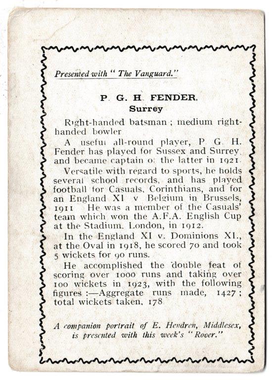Thomson (D.C.) - 'Cricketers (Vanguard - EL)' (1924) - P.G.H. Fender (Surrey) Thomson (D.C.) - 'Cricketers (Vanguard - EL)' (1924) - P.G.H. Fender (Surrey)